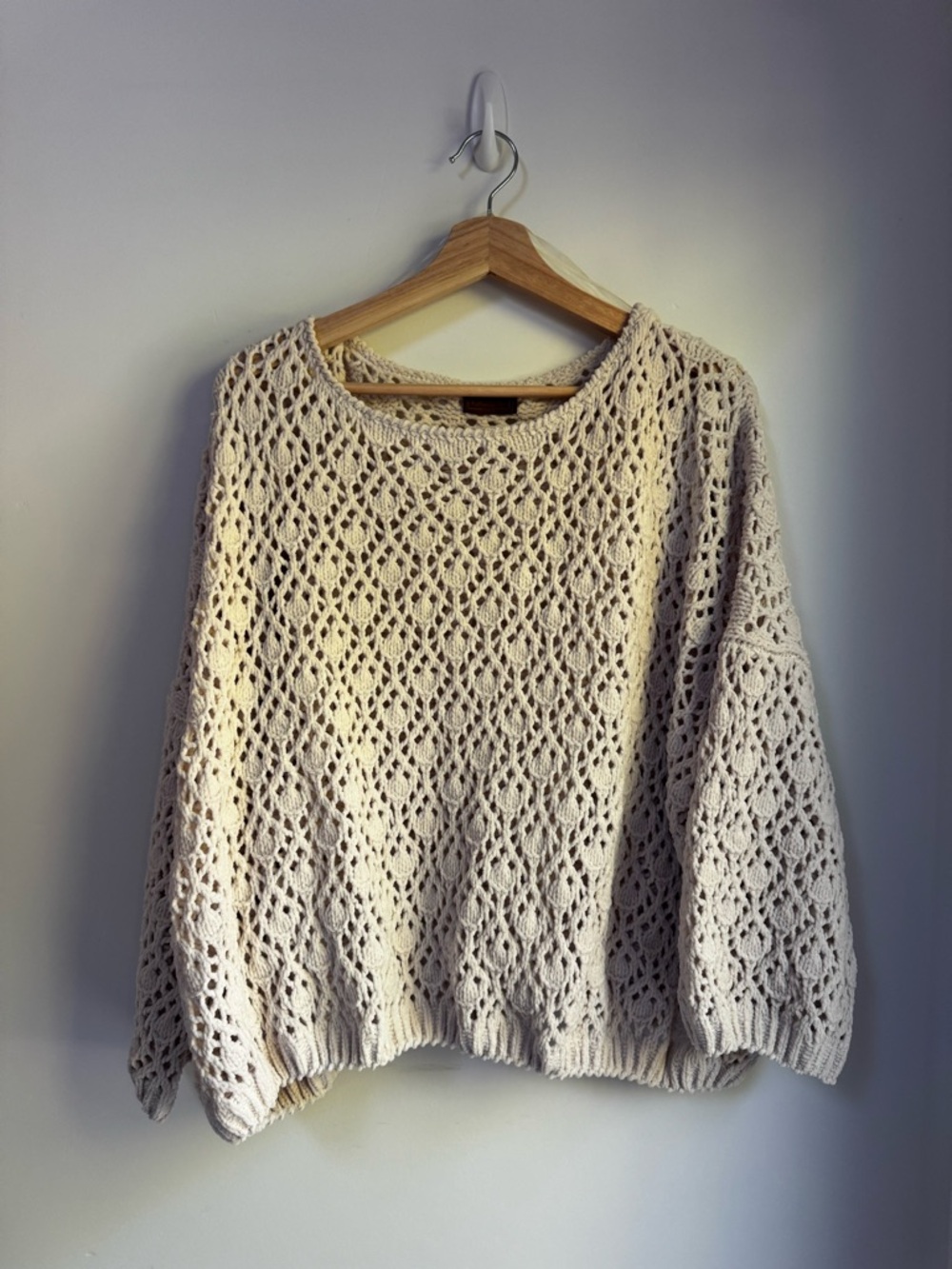 POL Small Oversized Cream Chenille Open-Knit Crocheted Sweater
